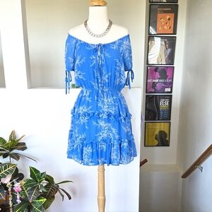 LeLis Gorgeous Azure Blue Botanical Floral Print Dress Size Medium